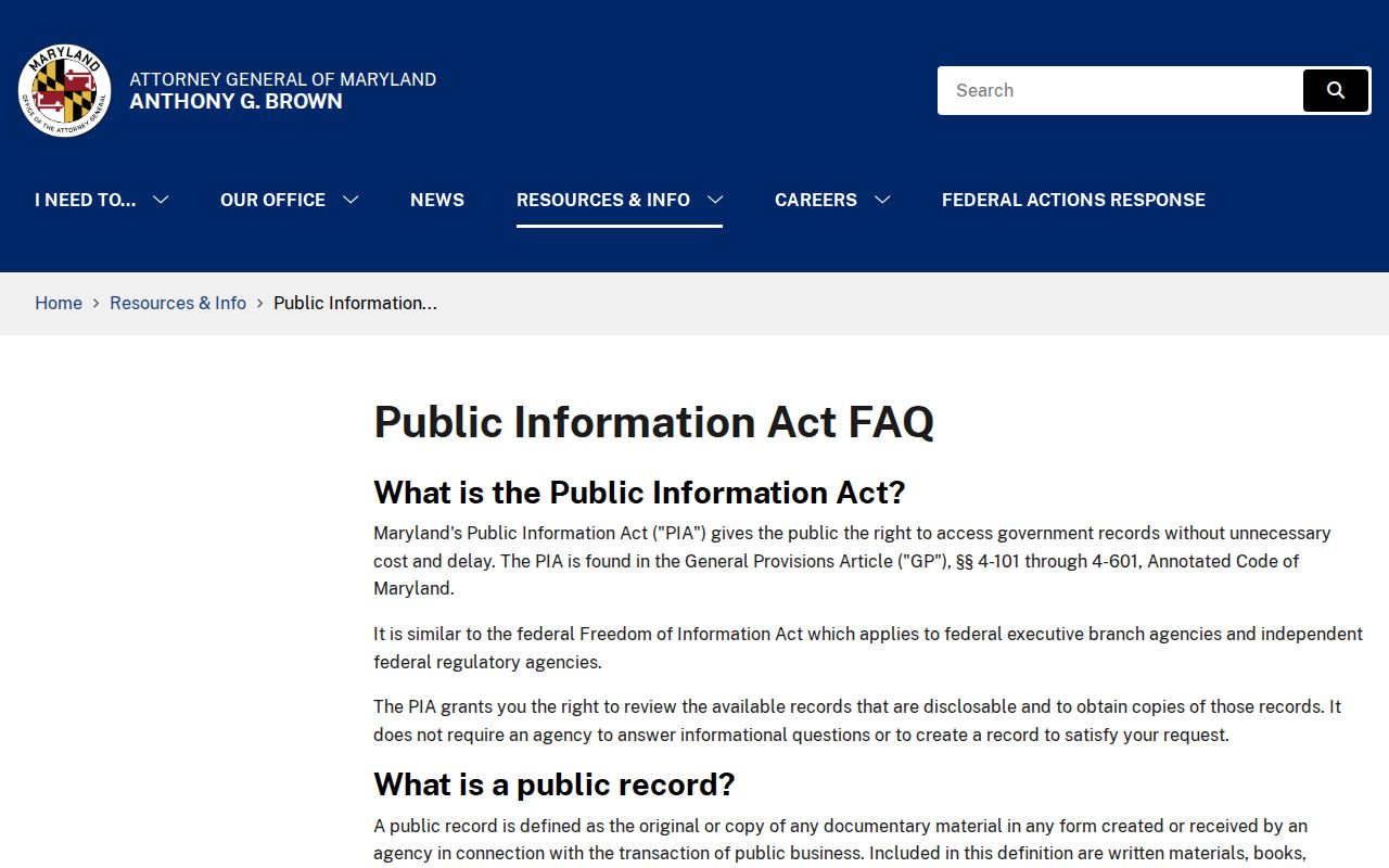 Germantown public records request guidance from the Maryland Attorney General